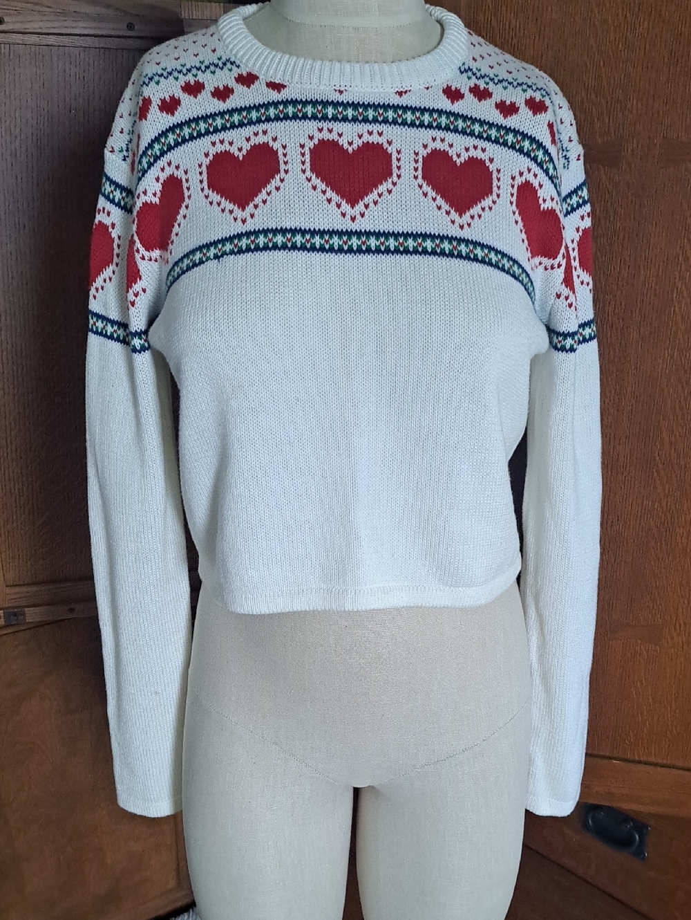 Brandy Melville Francesca cropped heart sweater Fairisle Cream White Red